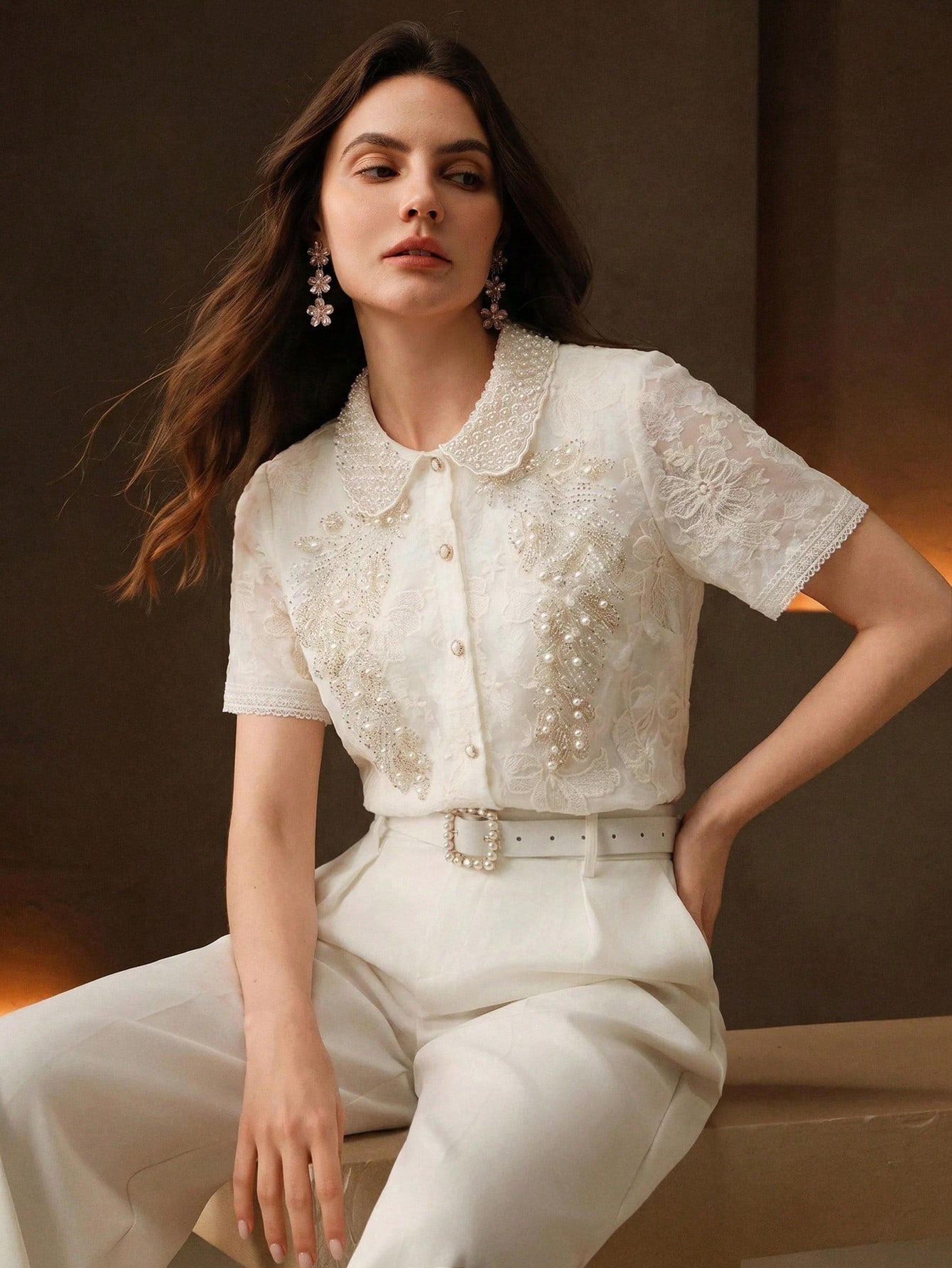 CM-TS281479 Women Elegant Seoul Style Peter Pan Collar Short Sleeve Rhinestone Lace Blouse - Apricot