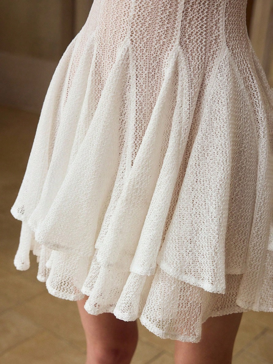 CM-DS782696 Women Elegant Seoul Style Round Neck Long Sleeve Lace Hollow Out See-Through Short Dress - White