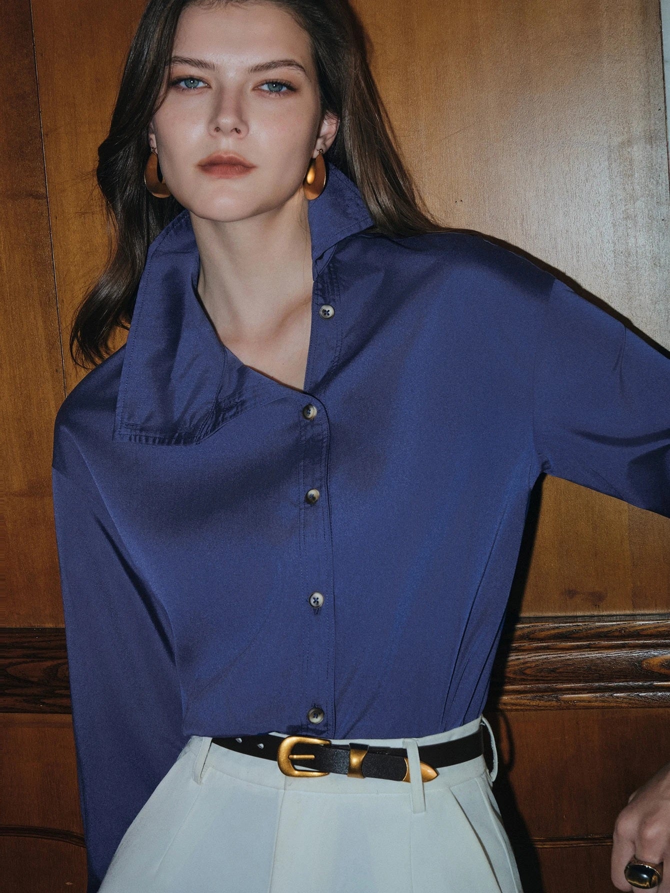 CM-TS778923 Women Elegant Seoul Style Collar Neckline Asymmetric Button Lapel Long Sleeve Blouse - Blue