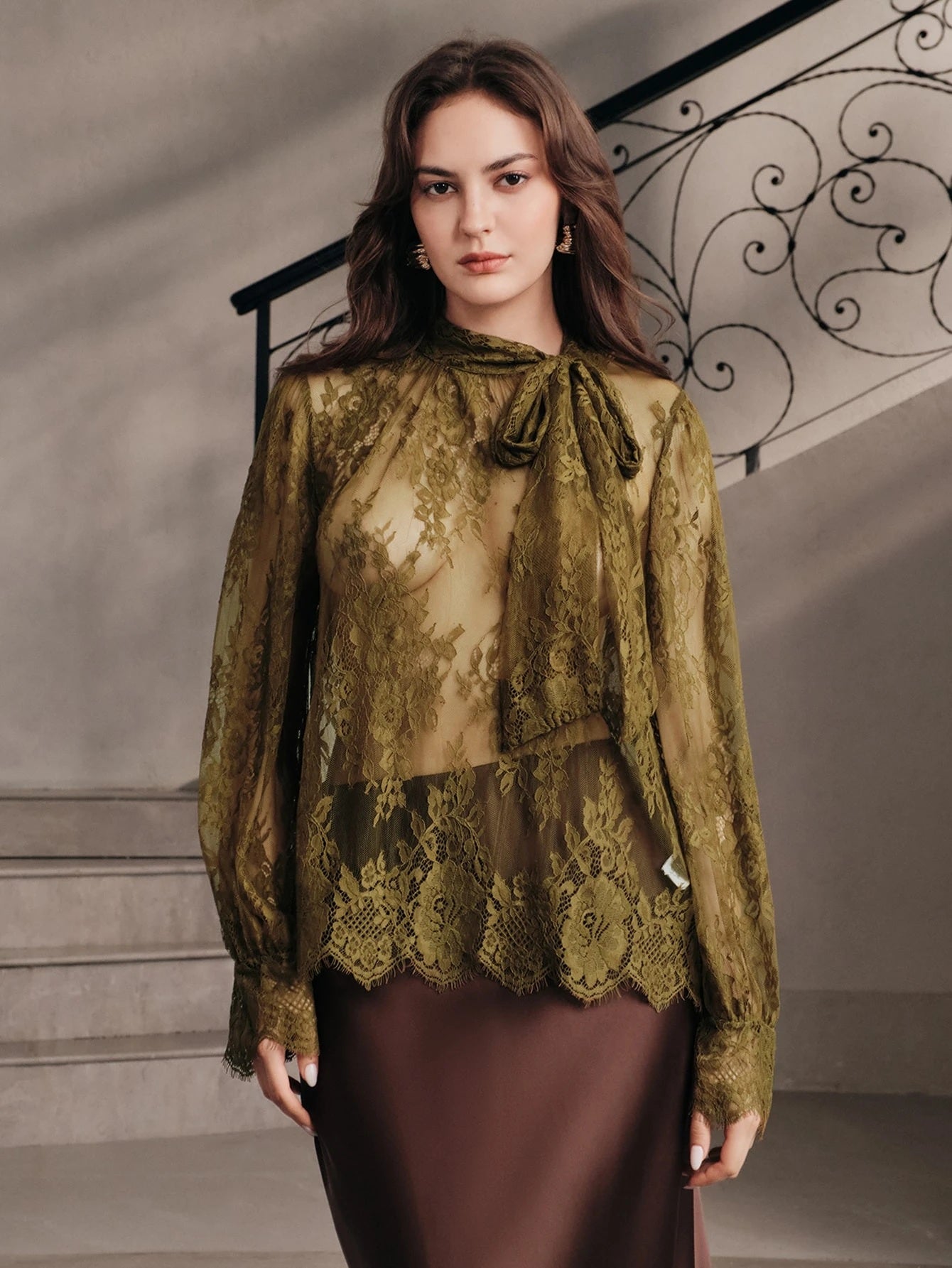 CM-TS414367 Women Elegant Seoul Style Tie Neck Extra Long Sleeve Lace Floral Blouse - Army Green