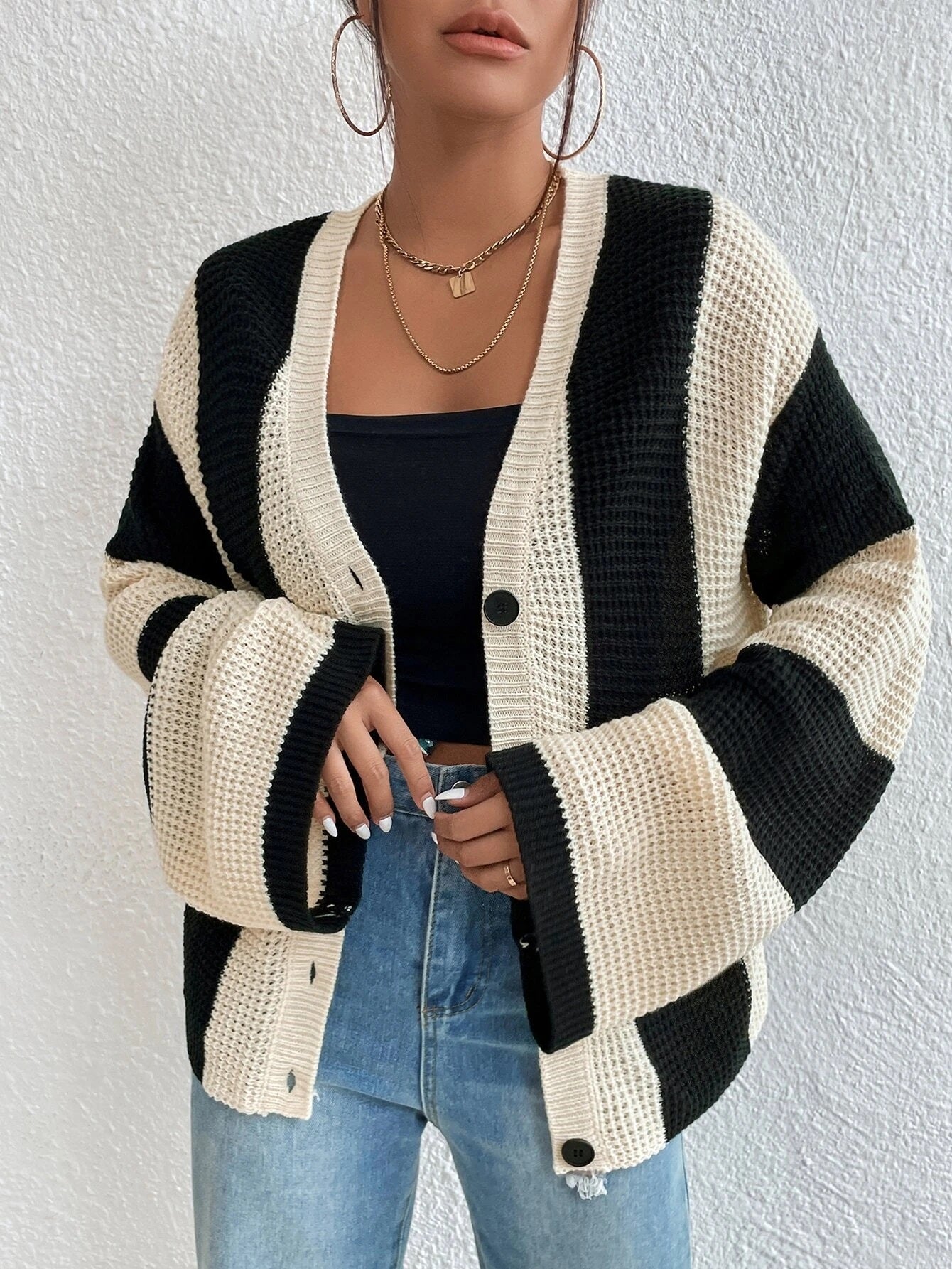 CM-CS242450 Women Casual Seoul Style Two Tone Trumpet Sleeve Single Breasted Cardigan
