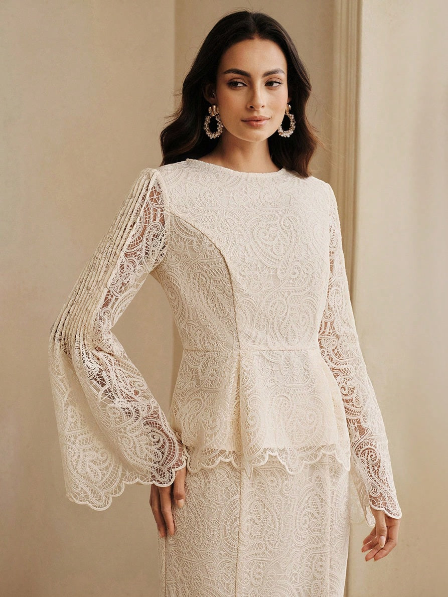 CM-TS165809 Women Elegant Seoul Style Round Neck Lace Bell Extra Long Sleeve Top - Apricot