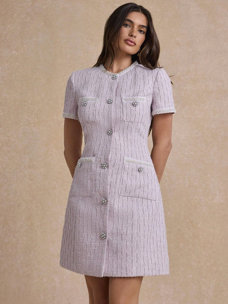CM-DS642731 Women Elegant Seoul Style Round Neck Short Sleeve Pearl-Embellished Tweed Mini Dress - Pink