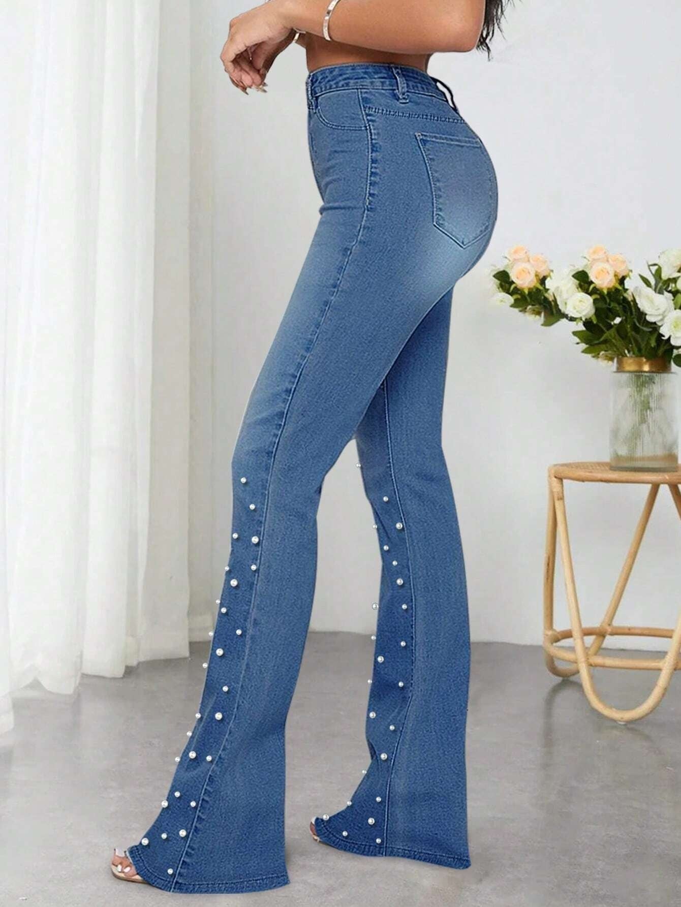 CM-BS923313 Women Preppy Seoul Style Medium Wash Pearls Beaded Flare Leg Jeans