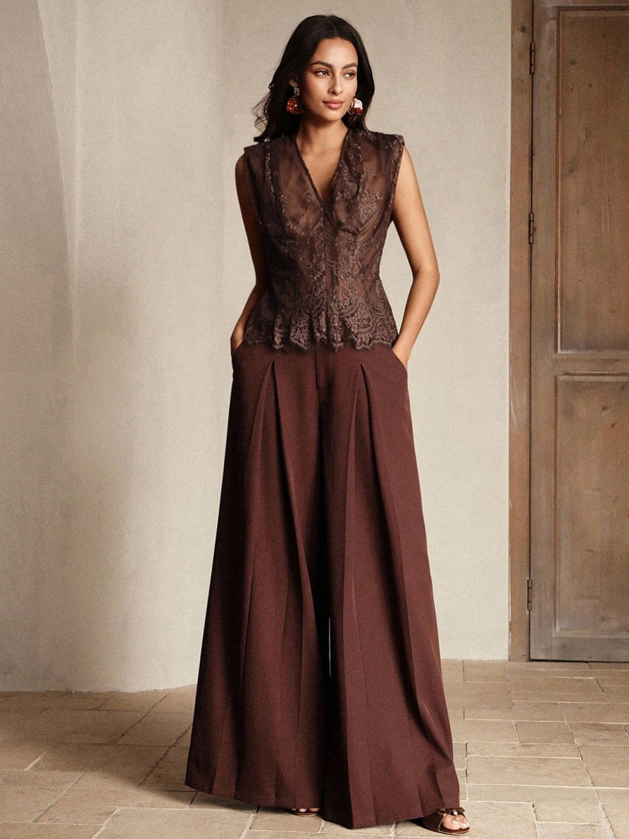 CM-TS367265 Women Elegant Seoul Style V-Neck Sleeveless Semi-Transparent Lace Tank Top - Brown