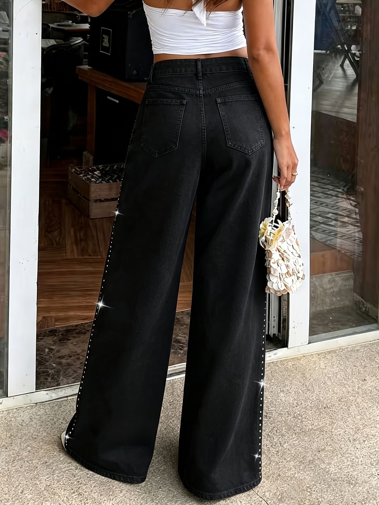 CM-BT216239 Women Casual Seoul Style High Waist Straight Leg Jeans - Black