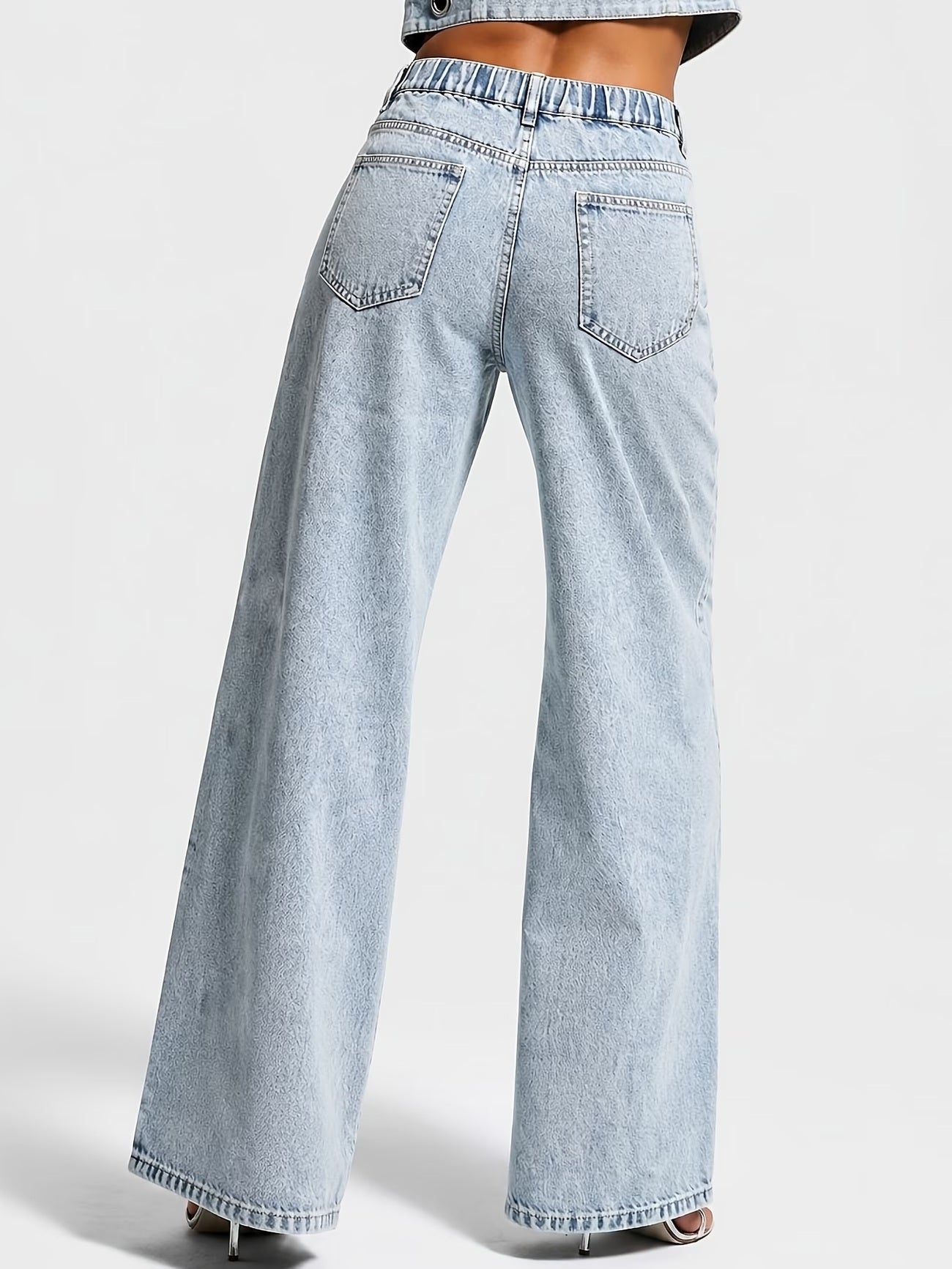 CM-BT466345 Women Casual Seoul Style High-Waist Multi-Size Metal Eyelet Cutout Wide-Leg Jeans - Light Blue