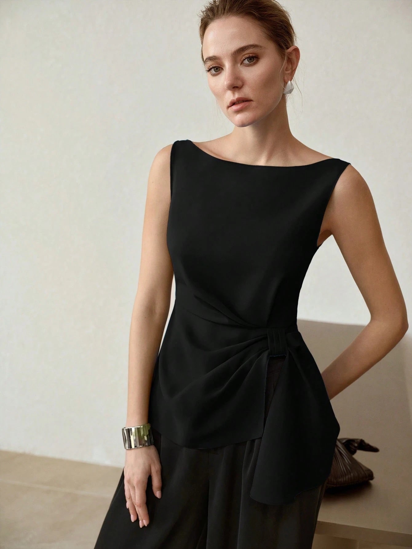 CM-TS013764 Women Elegant Seoul Style Side Knot Boat Neck Sleeveless Blouse - Black