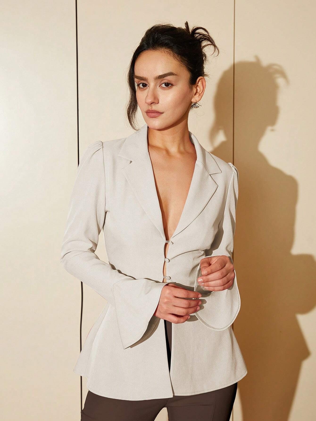 CM-TS281332 Women Elegant Seoul Style Lapel Neck Flounce Sleeve Button Front Blouse - Beige