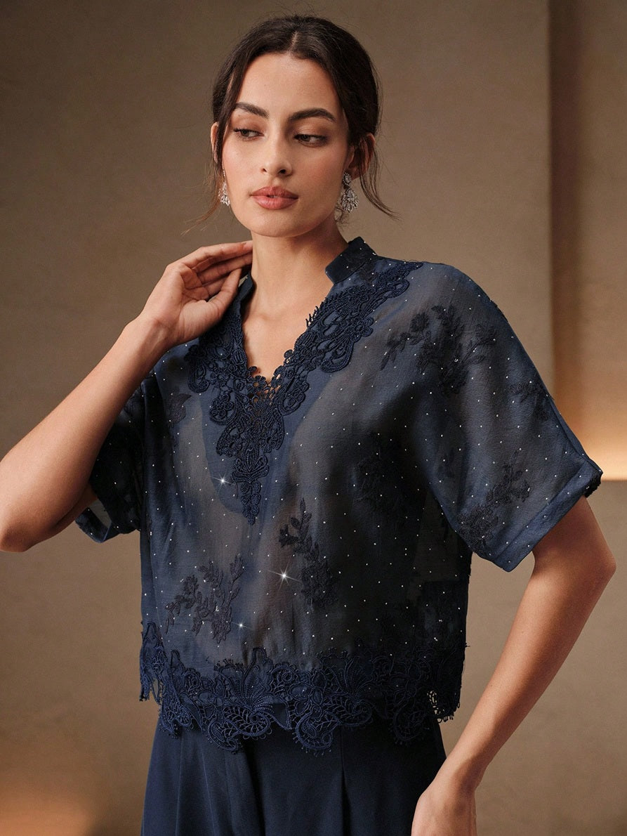 CM-TS225231 Women Elegant Seoul Style V-Neck Short Sleeve Mesh Rhinestone Lace Patchwork Blouse - Navy Blue