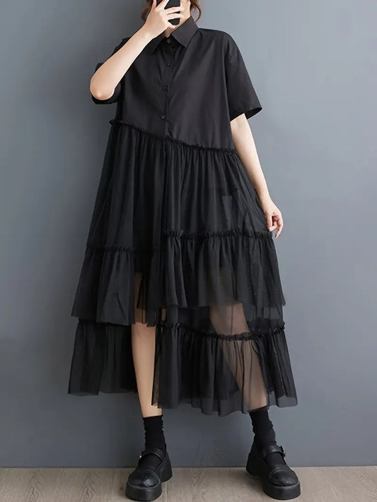 CM-DT180028 Women Casual Seoul Style Collar Neckline Long Sleeve Loose Shirt Dress - Black