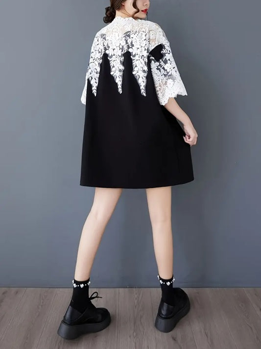 CM-DT662346 Women Casual Seoul Style Off the Shoulder Short Sleeve Hollow Contrast Lace Dress - Black