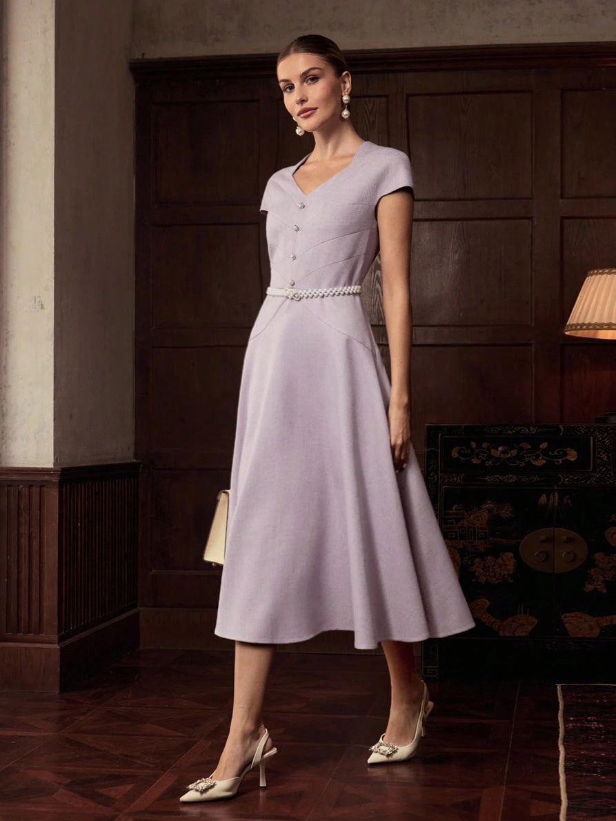 CM-DS479010 Women Elegant Seoul Style Cap Sleeve Cinched Waist Mid-Length Dress - Purple