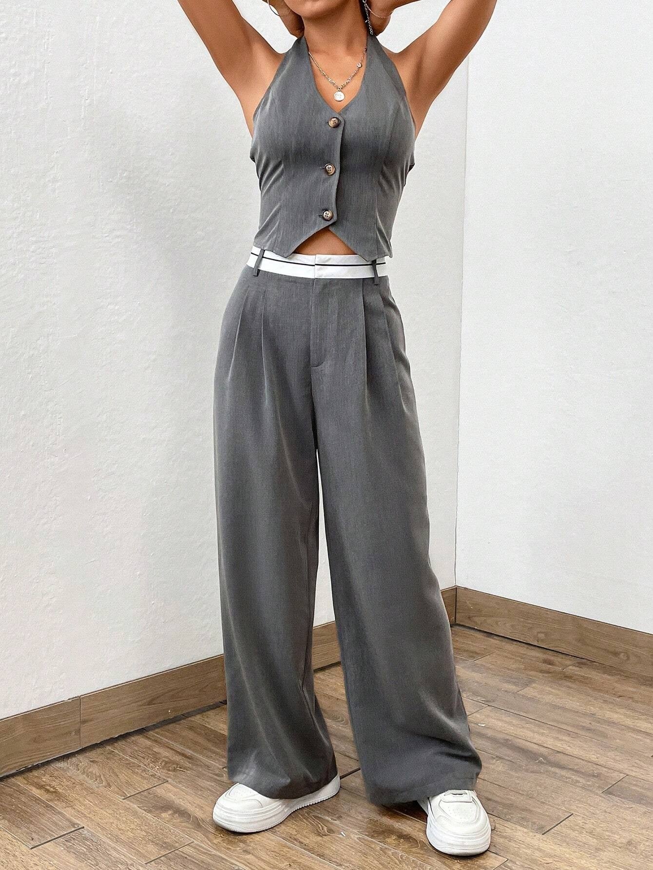 CM-SS333434 Women Casual Seoul Style Button Front Halter Top With Wide Leg Pants - Set