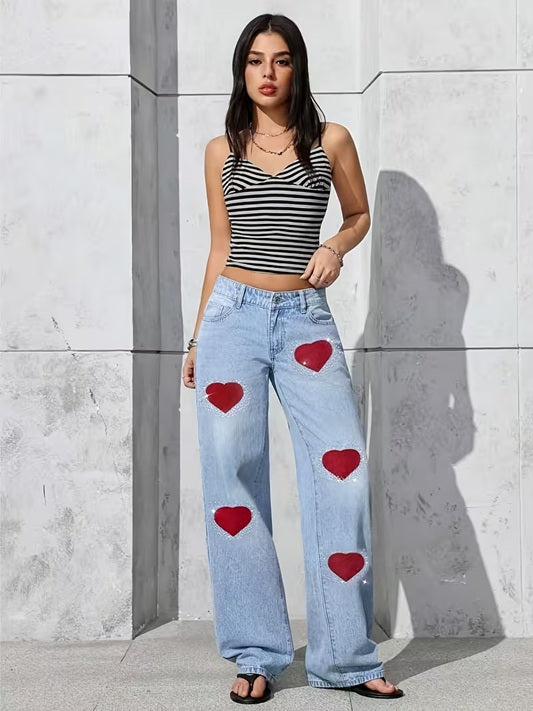 CM-BT000755 Women Casual Seoul Style Mid Waist Embroidered 3D Plush Heart Rhinestone Decor Wide-Leg Jeans