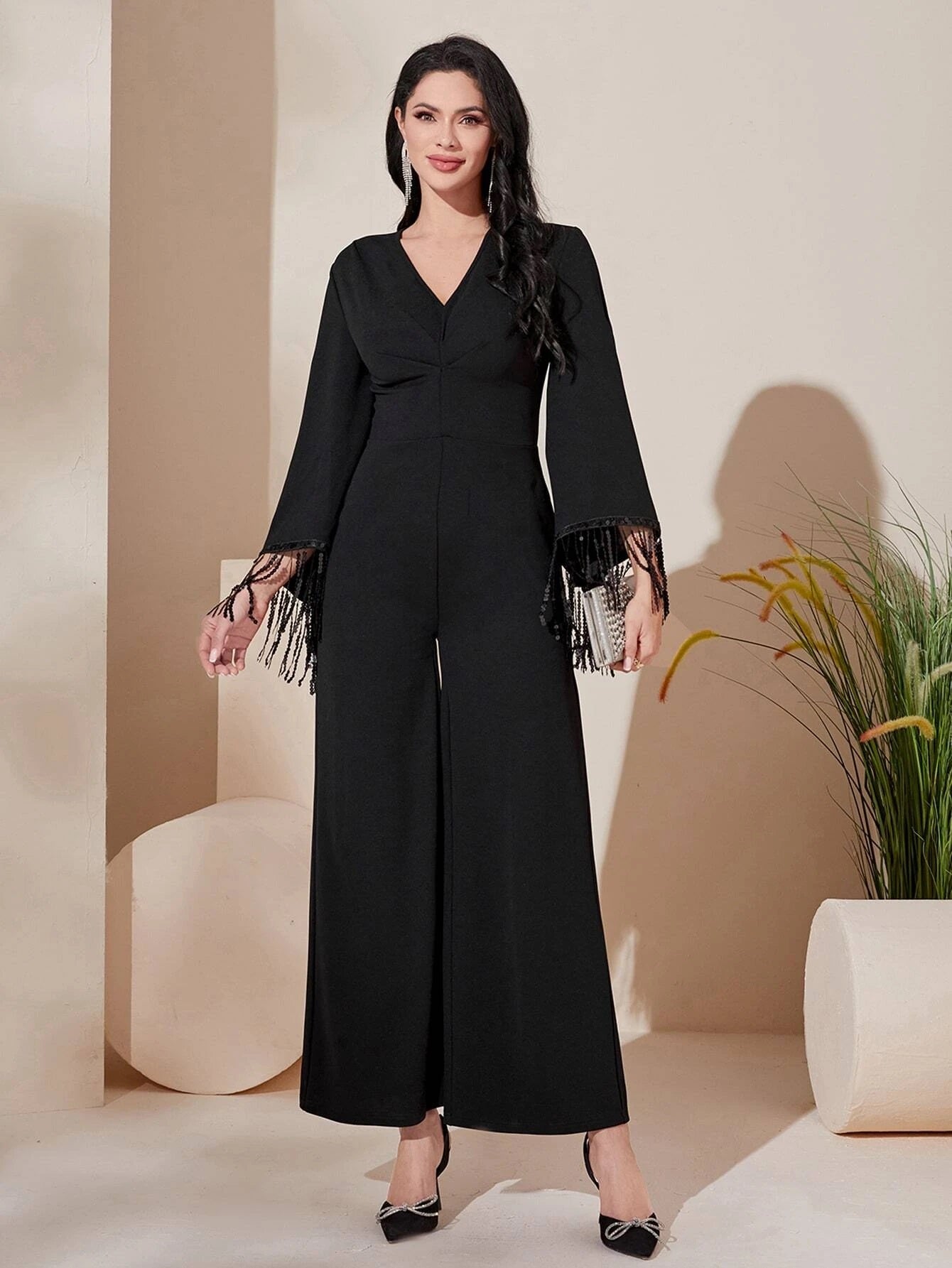 CM-JS186835 Women Elegant Seoul Style Long Sleeve Fringe Trim Wide Leg Jumpsuit - Black