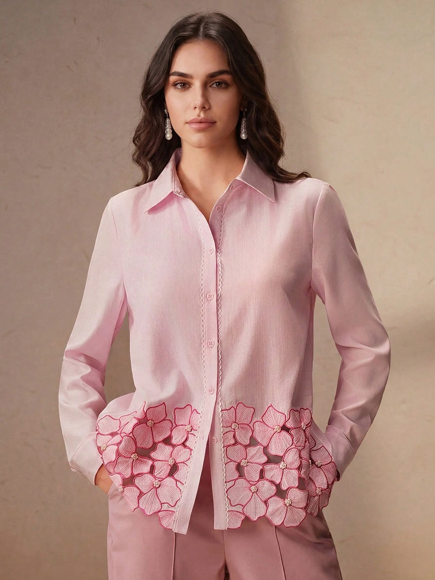 CM-TS844631 Women Elegant Seoul Style Shirt Collar Long Sleeve Hollow Out Asymmetrical Floral Print Top - Pink
