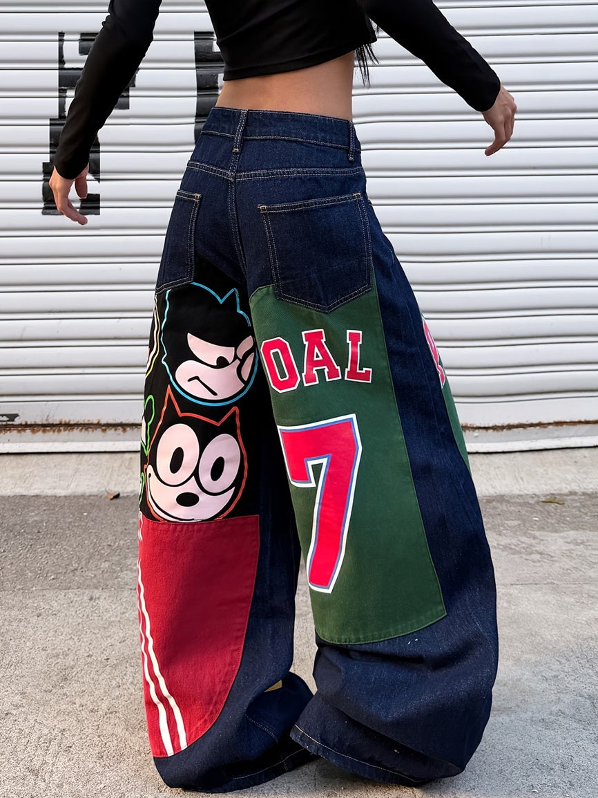 CM-BT608328 Women Casual Seoul Style Multi-Color Contrast Patchwork Letter And Number Cartoon Print Design Jeans