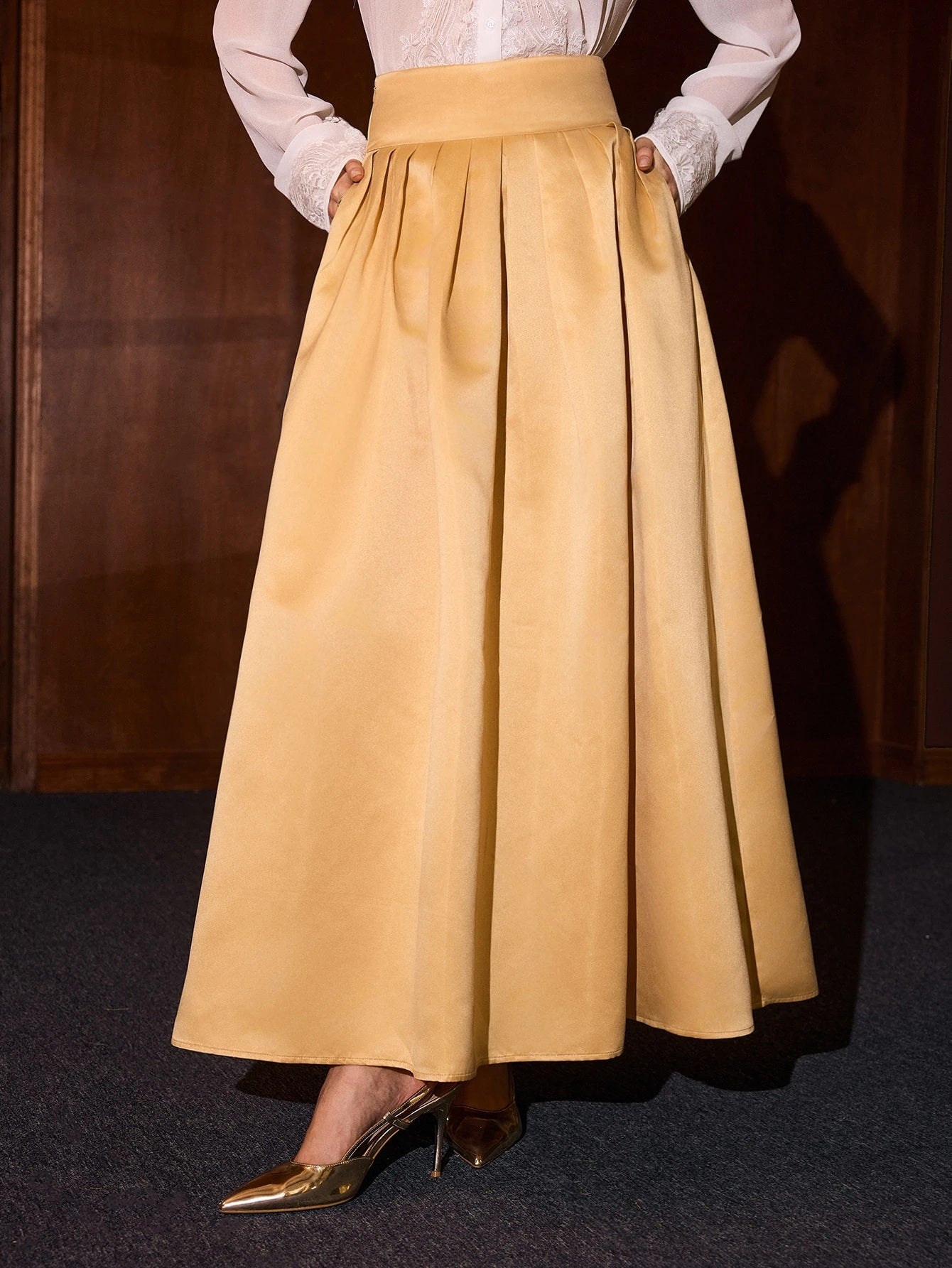 CM-BS835243 Women Elegant Seoul Style High Waist Solid Fold Pleated Zipper Side Long Skirt - Khaki
