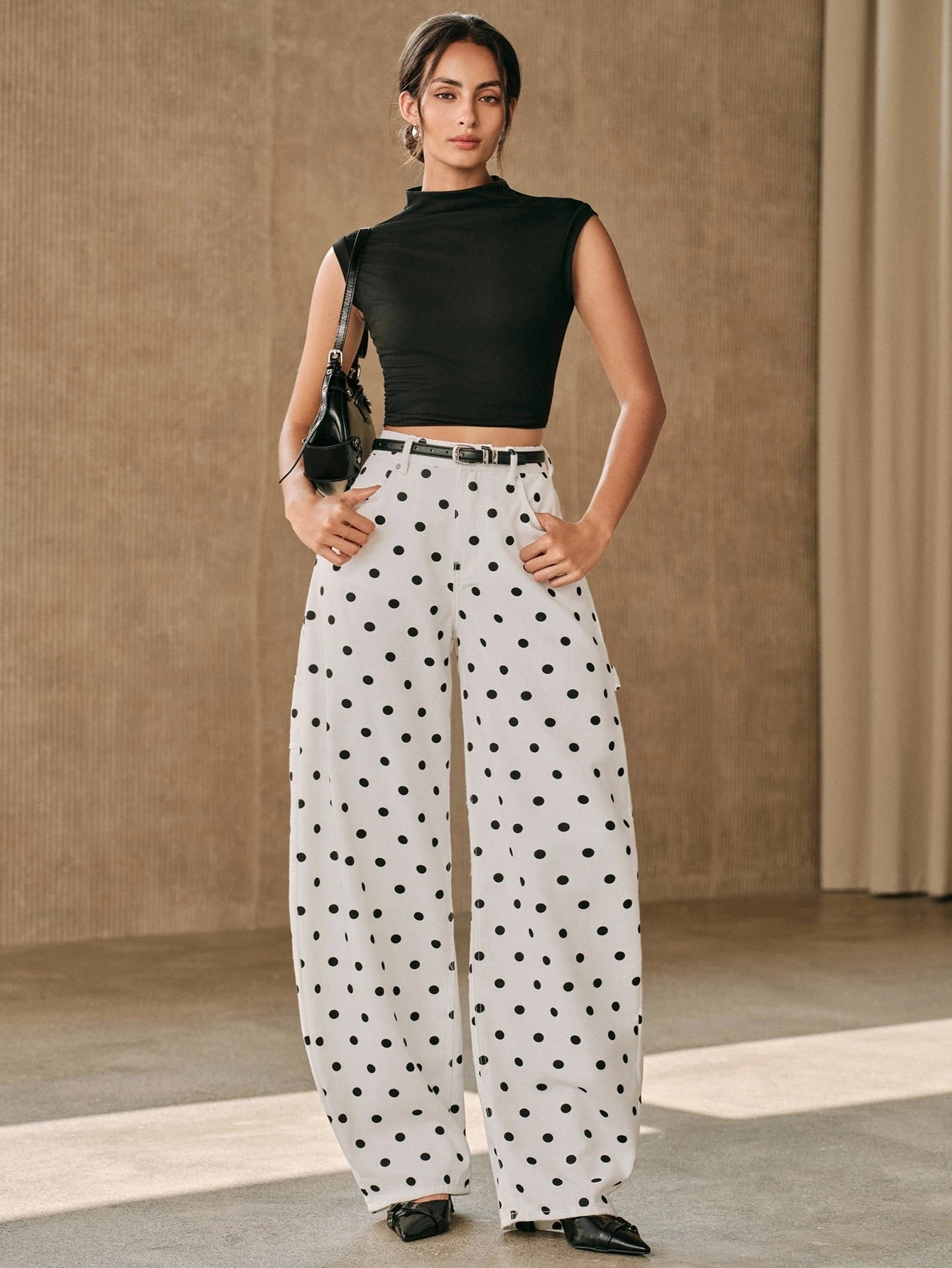CM-BS387235 Women Casual Seoul Style Mid Waist All Over Print Polka Dot Curved Wide Leg Jeans - White