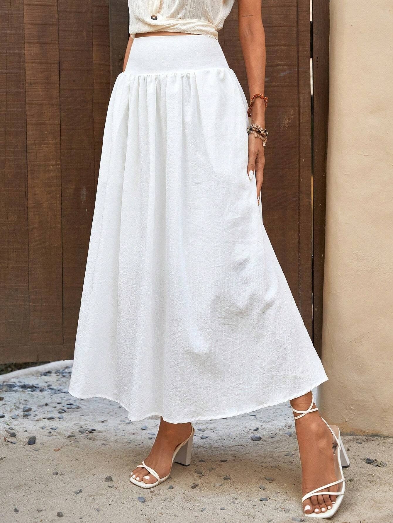 CM-BS930660 Women Casual Seoul Style Solid High Waist A-Line Skirt - White
