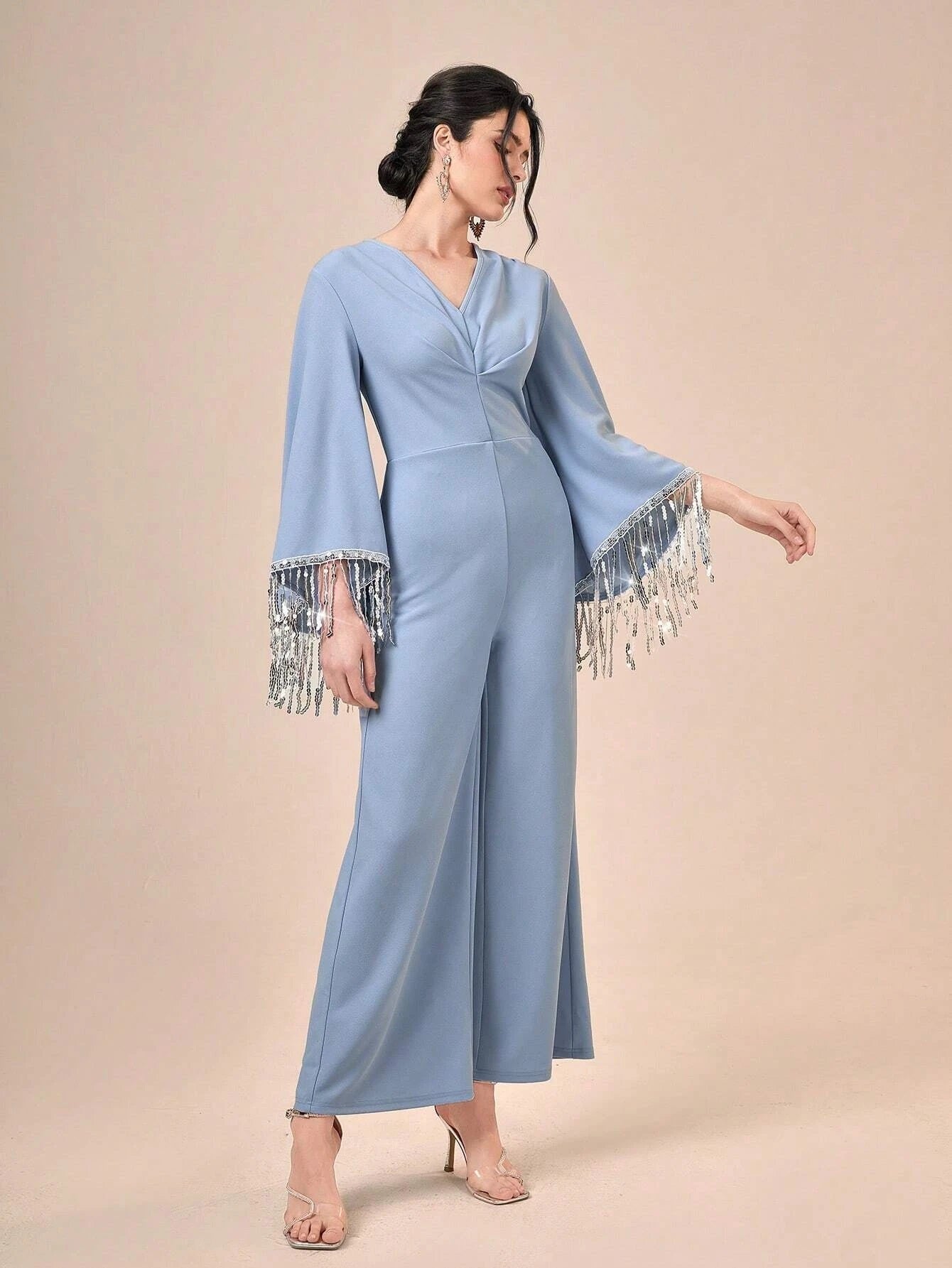 CM-JS180858 Women Elegant Seoul Style Long Sleeve Fringe Trim Wide Leg Jumpsuit - Dusty Blue