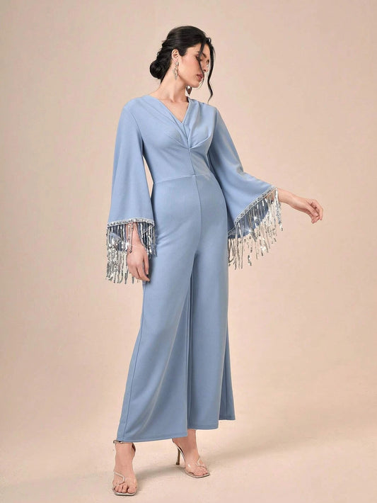 CM-JS180858 Women Elegant Seoul Style Long Sleeve Fringe Trim Wide Leg Jumpsuit - Dusty Blue