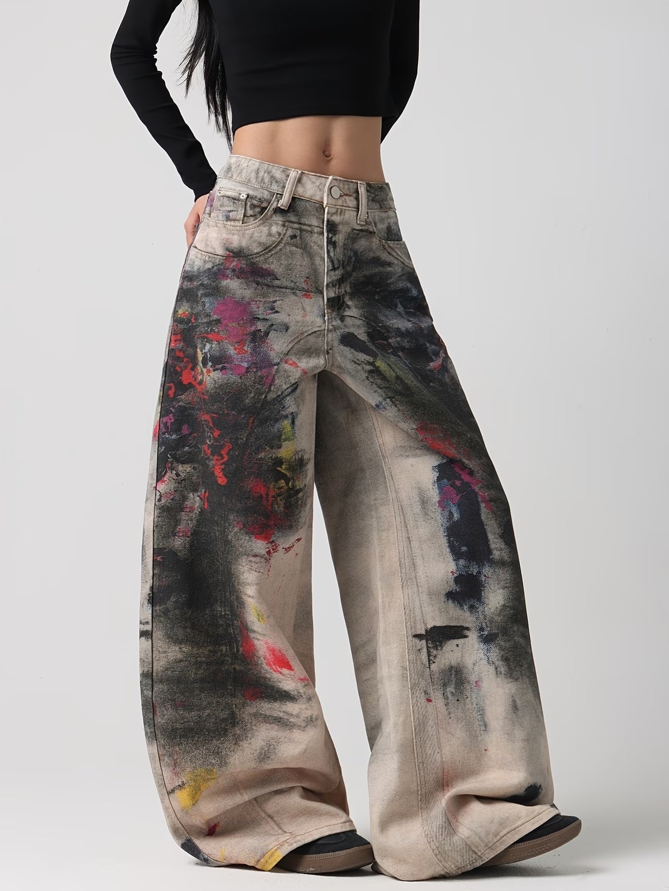 CM-BT057152 Women Casual Seoul Style 2D Graffiti Print Design Wide-Leg Jeans