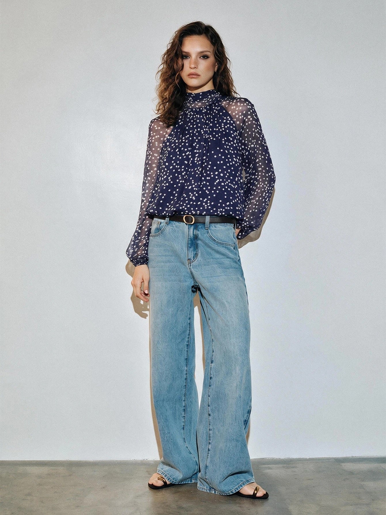 CM-TS293087 Women Elegant Seoul Style Bow Tie Long Sleeve Polka Dot Chiffon Loose Fit Blouse - Navy Blue