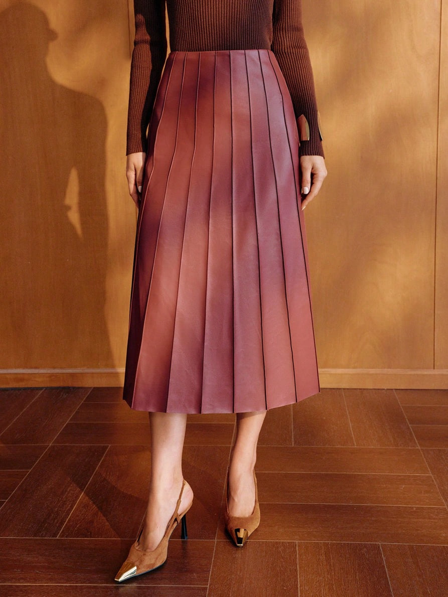 CM-BS851109 Women Elegant Seoul Style Mid Waist PU Leather Pleated Midi Skirt - Burgundy