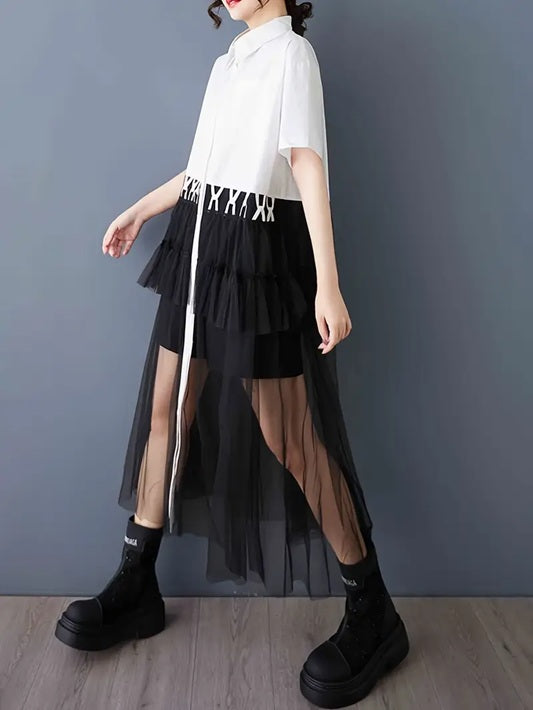 CM-DT892675 Women Casual Seoul Style Colorblock Collar Neckline Short Sleeve Mesh Shirt Dress
