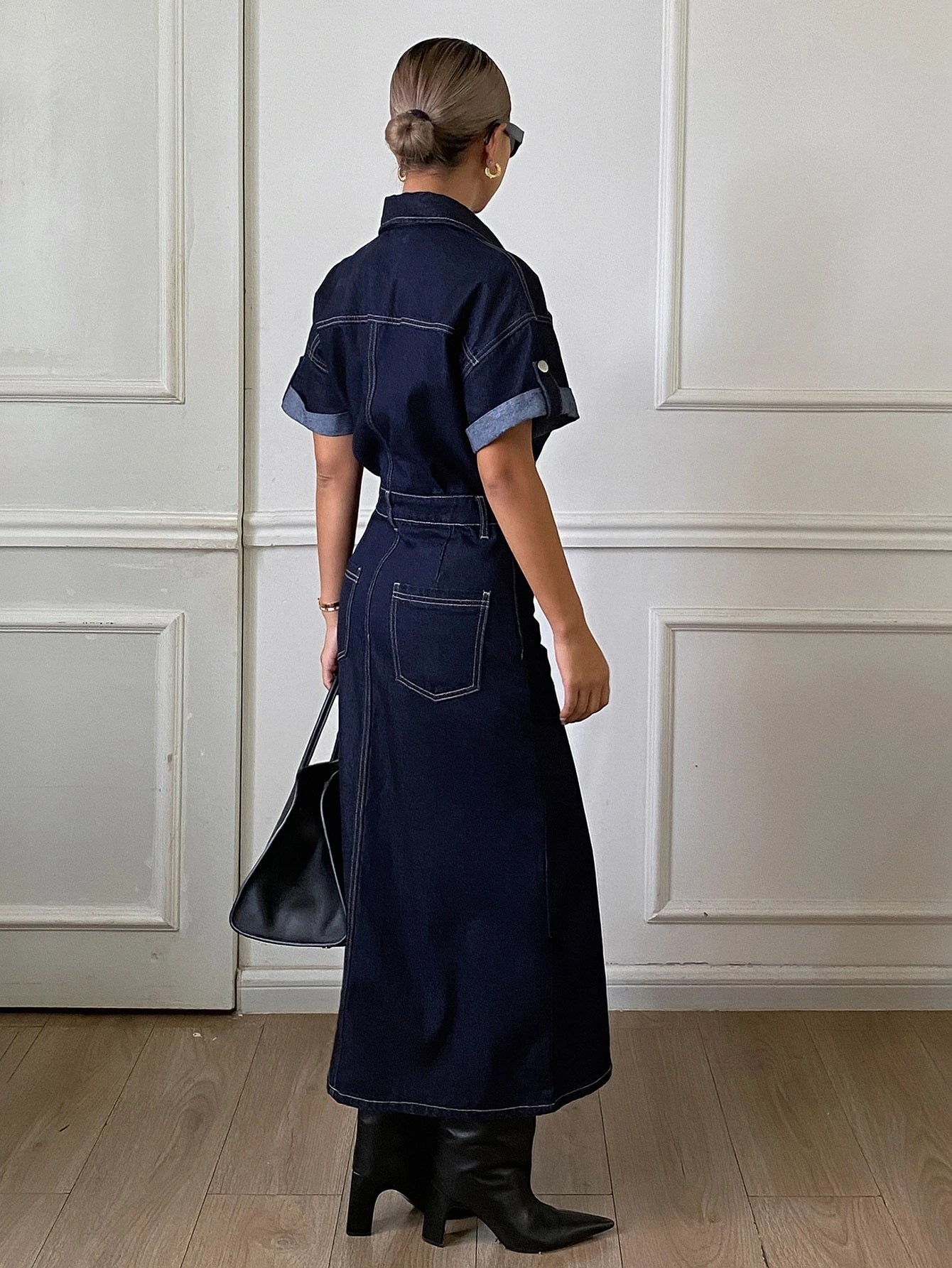 CM-DS207946 Women Casual Seoul Style Dark Wash Collar Neckline Roll Up Short Sleeve Denim Dress