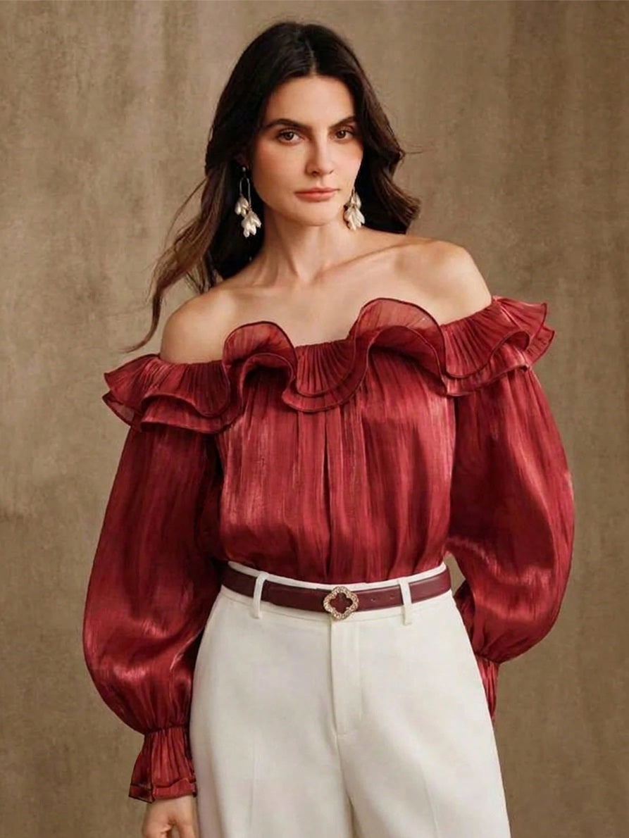 CM-TS097142 Women Elegant Seoul Style Off-Shoulder Loose Hem Wavy Edge Petal Sleeve Flowy Blouse - Burgundy