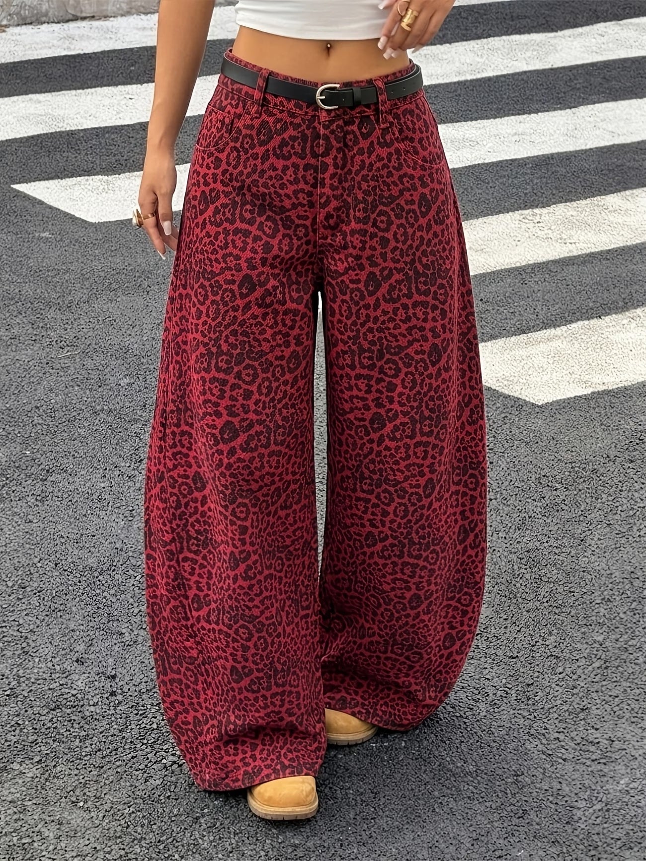 CM-BT476951 Women Casual Seoul Style High-Waist Curved-Leg Jeans with Red Base And Black Leopard Print