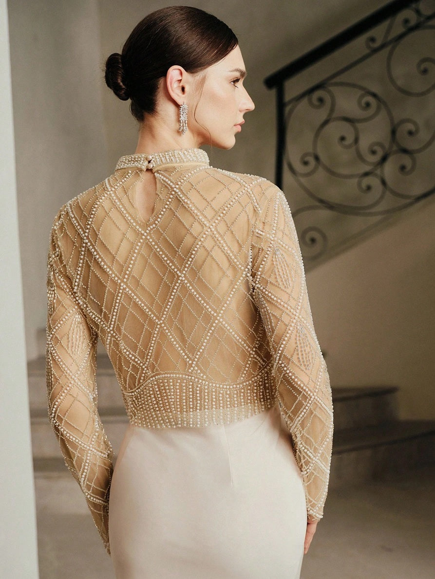 CM-TS587377 Women Elegant Seoul Style Stand Collar Long Sleeve Handmade Beaded Contrast Sequin Blouse - Apricot
