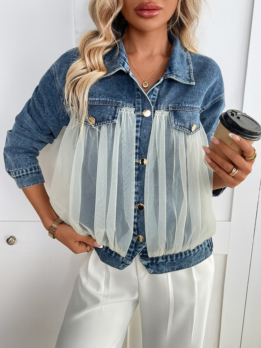 CM-CT494908 Women Casual Seoul Style Collar Neckline Long Sleeve Mesh Patchwork Denim Jacket - Blue