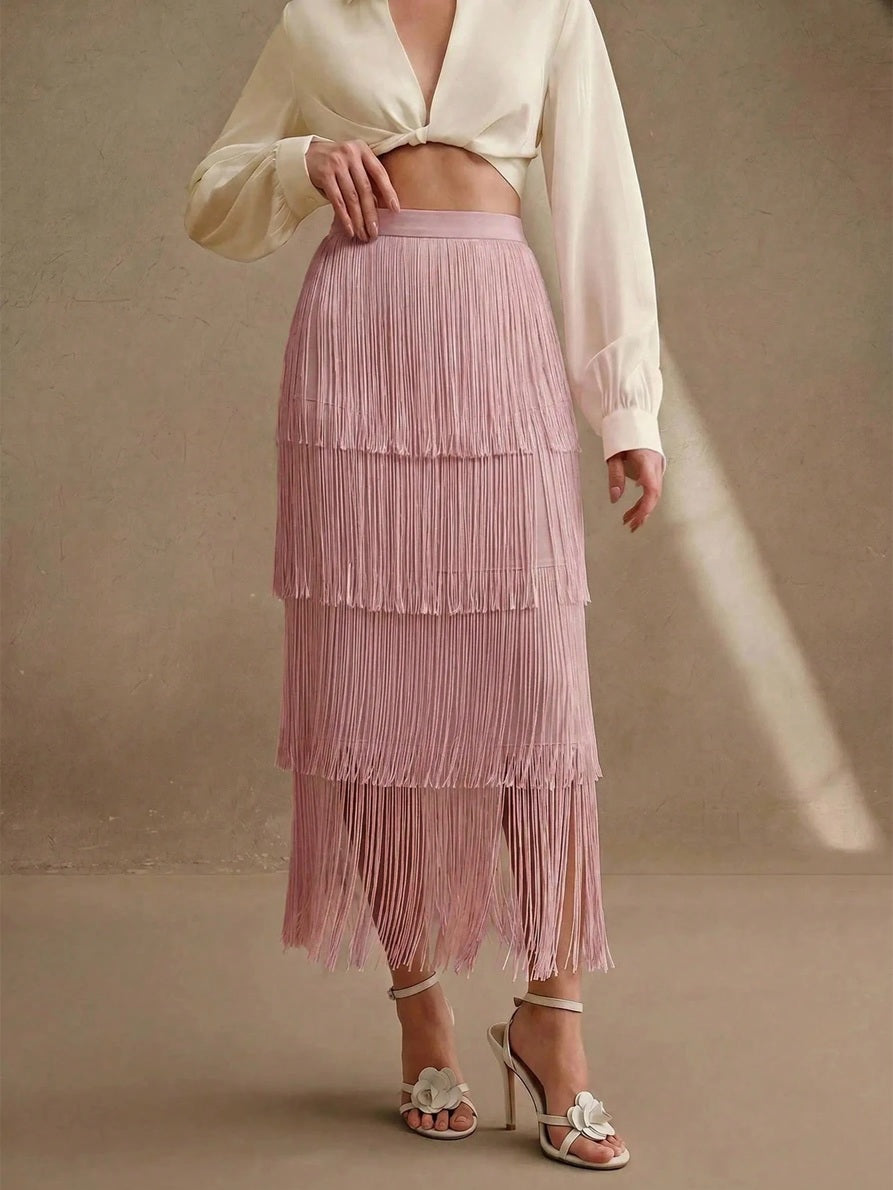 CM-BS707440 Women Elegant Seoul Style High Waist Tiered Layered Tassel Midi Skirt - Pink