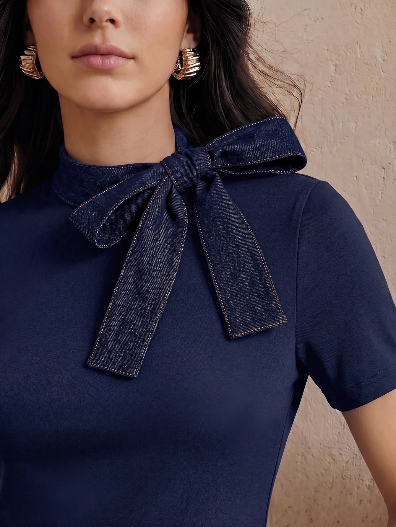 CM-DS813632 Women Elegant Seoul Style Tie Neck Short Sleeve Splice Collar Bow Decor Denim Dress - Navy Blue