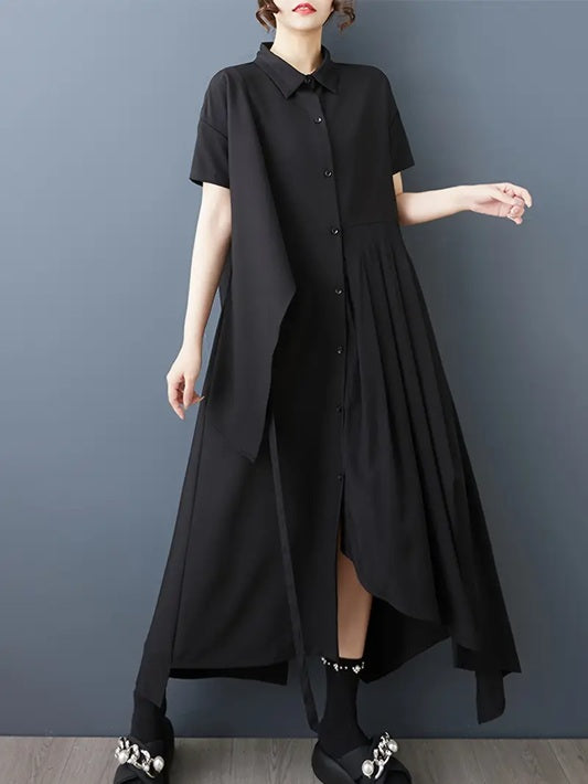 CM-DT849368 Women Elegant Seoul Style Collar Neckline Short Sleeve Asymmetricla Maxi Dress - Black