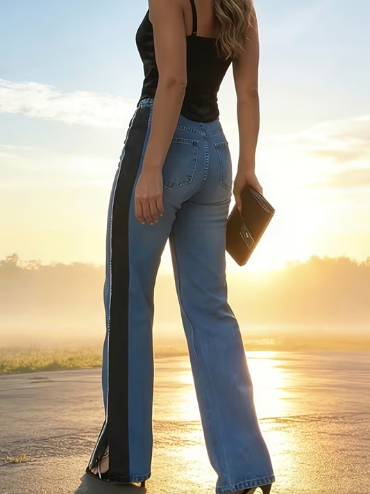 CM-BT555554 Women Casual Seoul Style Patchwork Frayed Hem Slit Ankle Straight-Leg Denim Pants