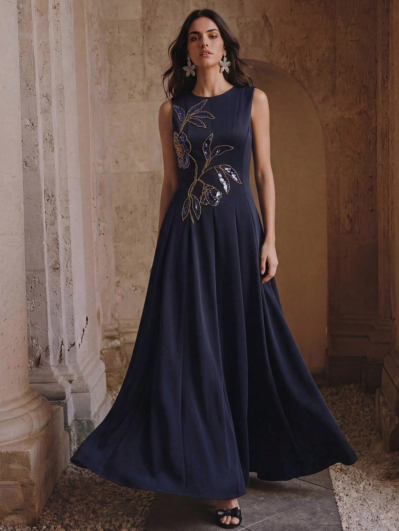 CM-DS069557 Women Elegant Seoul Style Round Neck Sleeveless Sequin Beaded A-Line Long Dress - Blue