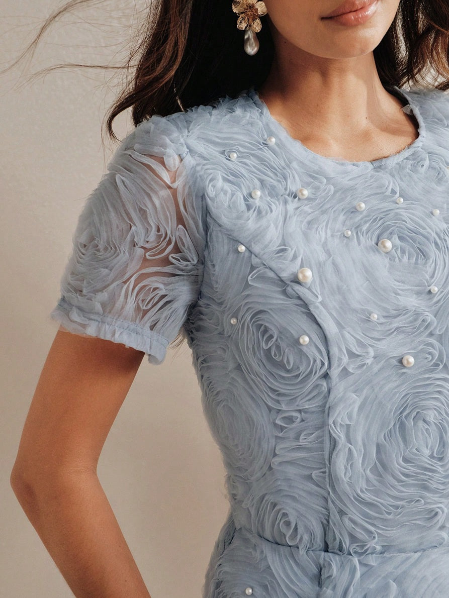 CM-SS102582 Women Elegant Seoul Style Round Neck Puff Sleeve 3D Rose Beaded Top With Mesh Patchwork Skirt - Set