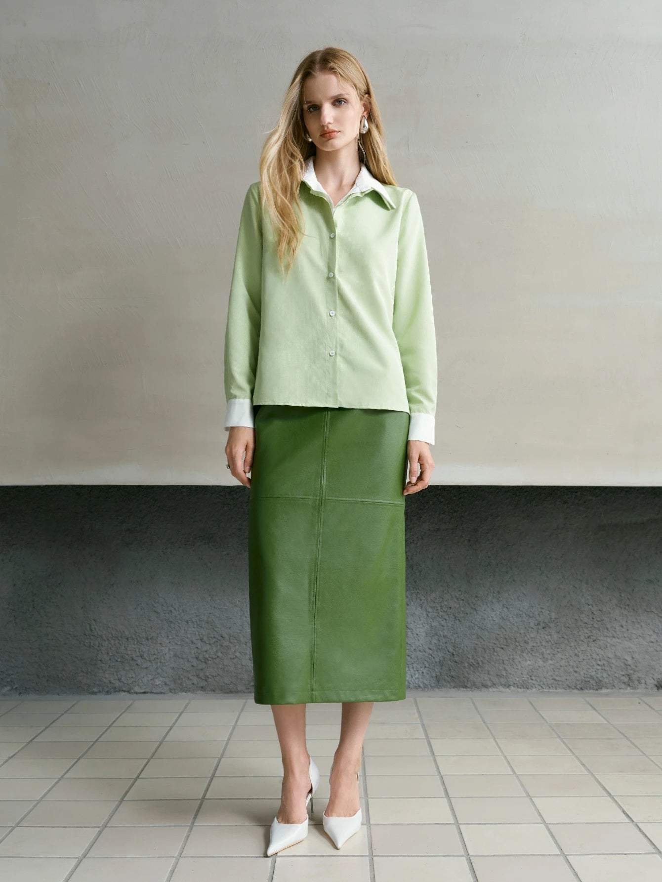 CM-TS303695 Women Elegant Seoul Style Colorblock Shirt Collar Long Sleeve Loose Top - Green