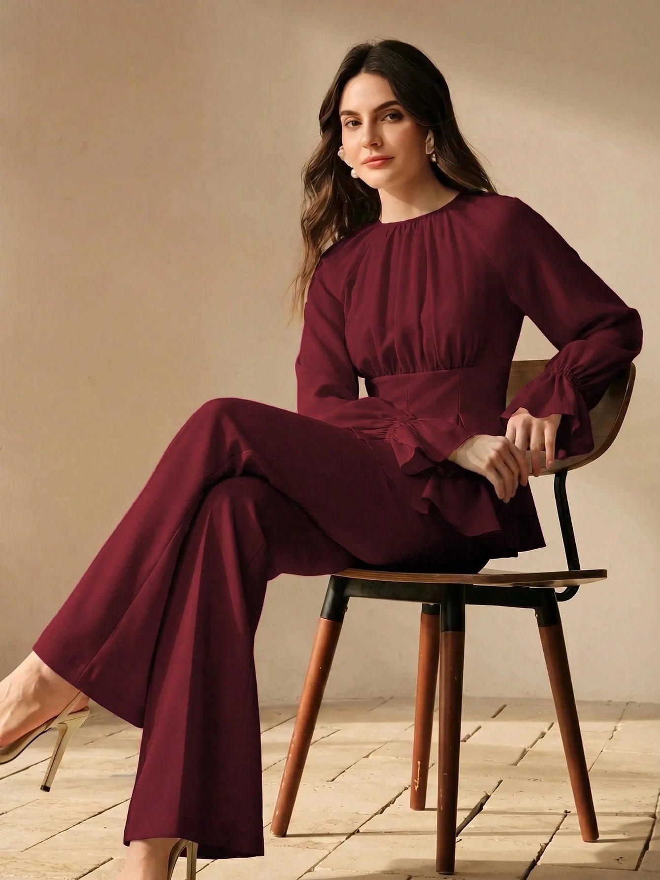 CM-SS795385 Women Elegant Seoul Style Round Neck Long Sleeve Chiffon Patchwork Blouse With Flared Leg Pants - Set