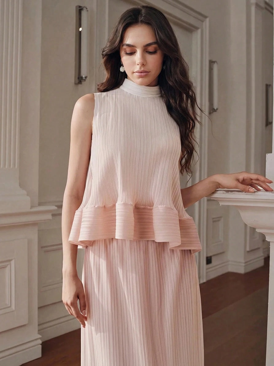 CM-TS946777 Women Elegant Seoul Style Stand Collar Sleeveless Pleated Gradient Color Pleated Top - Baby Pink
