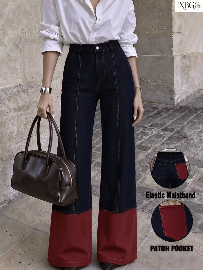 CM-BT832666 Women Casual Seoul Style Mid-Rise Blue Red Contrast Patchwork Straight Loose Wide Leg Jeans