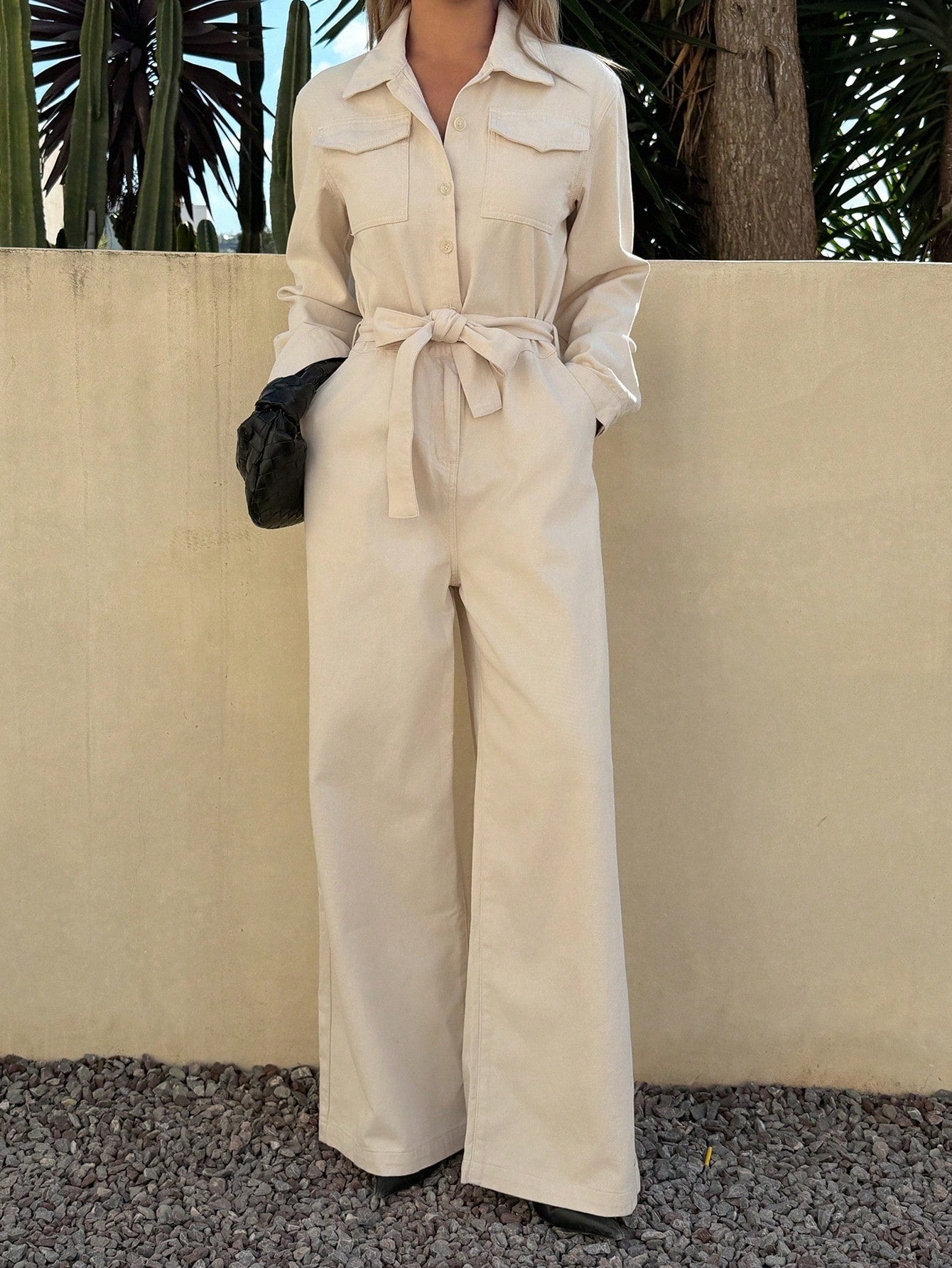 CM-JS831141 Women Casual Seoul Style Collared Pocket Long Sleeve Cinched Waist Denim Jumpsuit - Beige