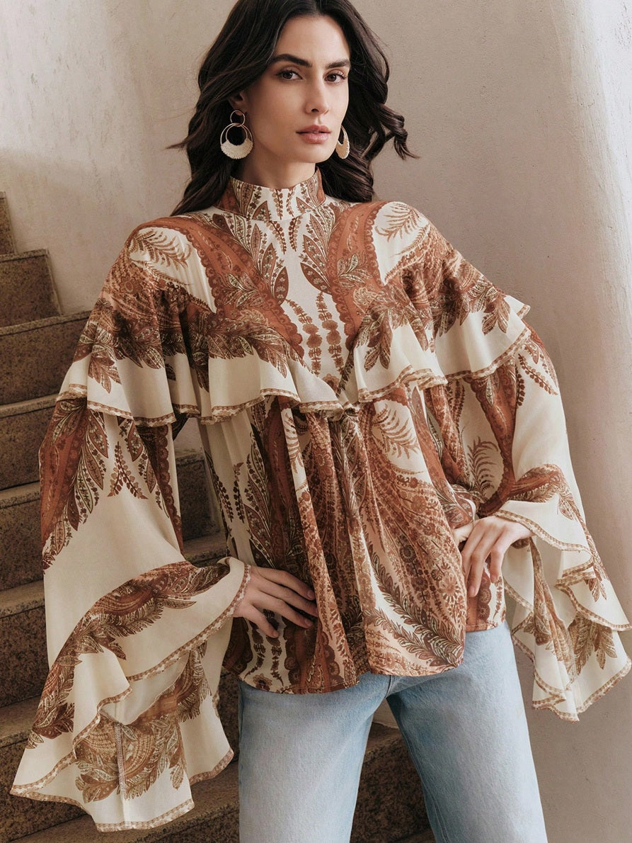 CM-TS528762 Women Trendy Bohemian Style Mock Necl Long Sleeve Plants Print Loose Blouse