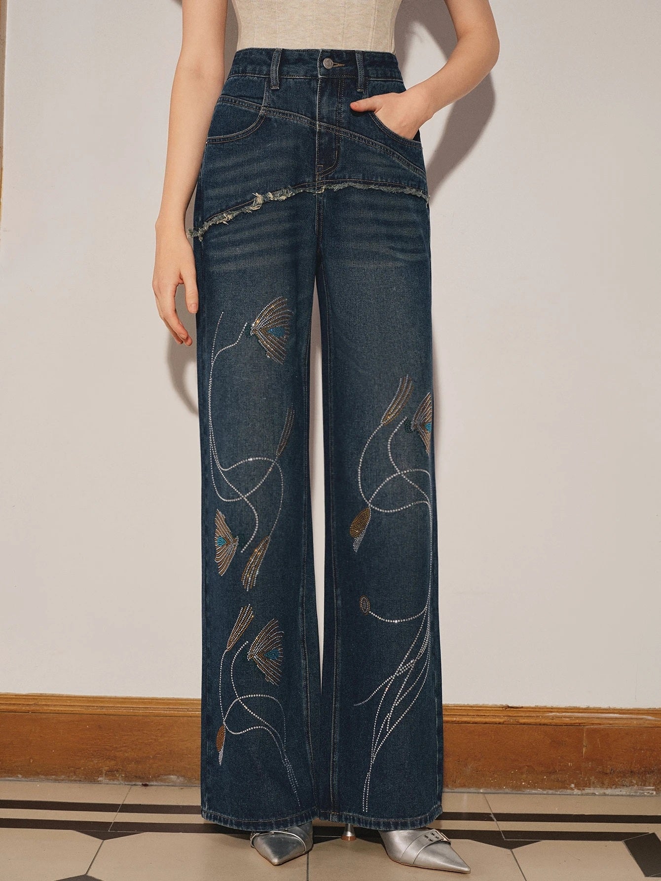 CM-BS615053 Women Casual Seoul Style Mid Waist Rhinestone Embellished Straight Leg Loose Denim Jeans - Blue