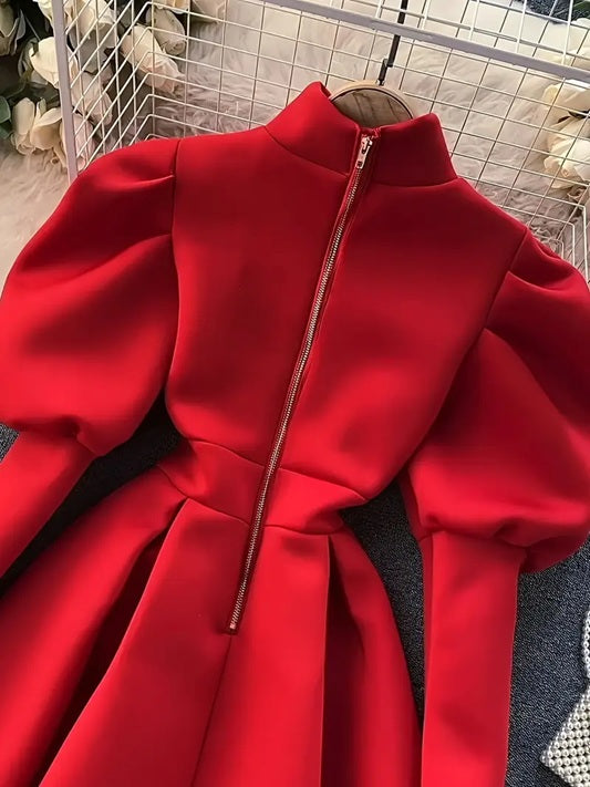 CM-DT523748 Women Elegant Seoul Style Stand-Up Collar Long Sleeve Flared Hem A-Line Short Dress - Red